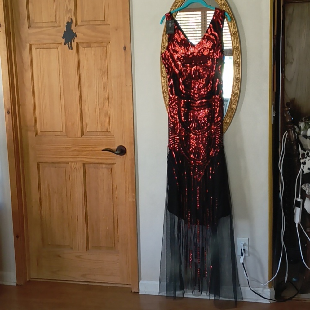 Embellished Red Sequin Maxi Dress V-Neck Cocktail